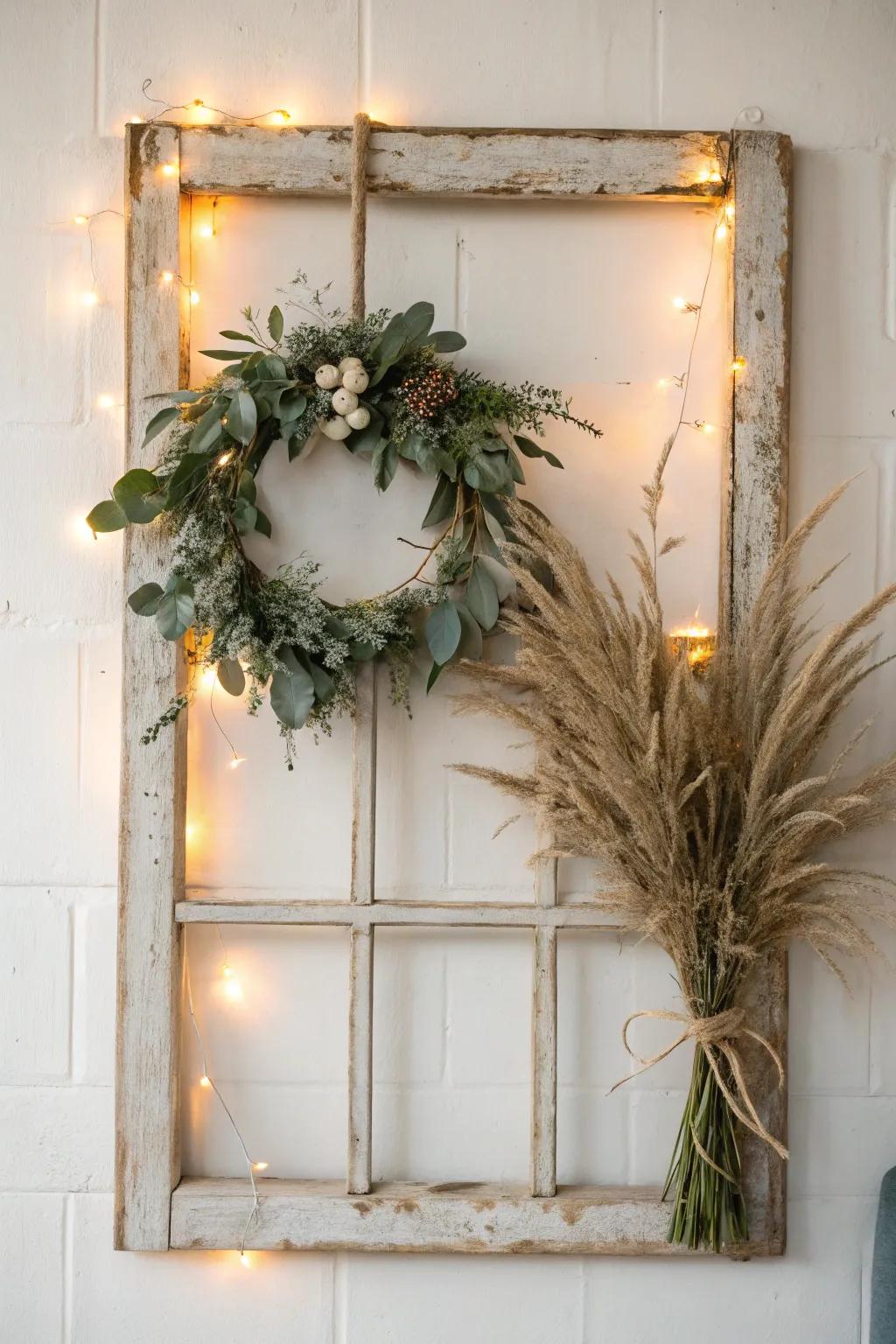 Transform rustic charm into holiday warmth with a simple window frame and wreath.