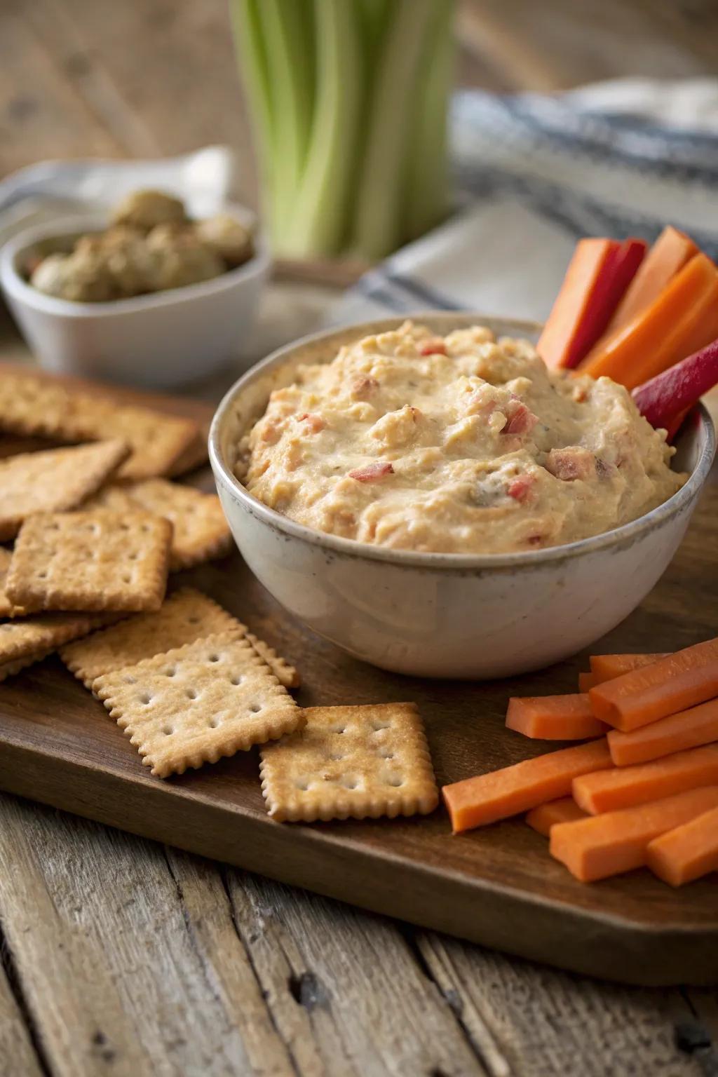 Pimento cheese dip offers a creamy and flavorful indulgence.