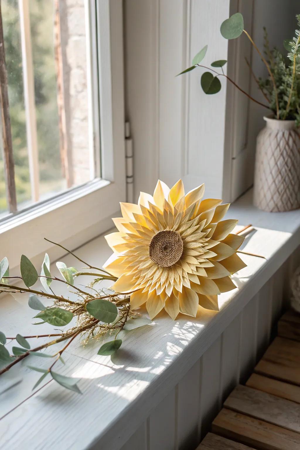 Embrace the warmth of a handmade origami sunflower, bringing sunshine to your minimalist space.