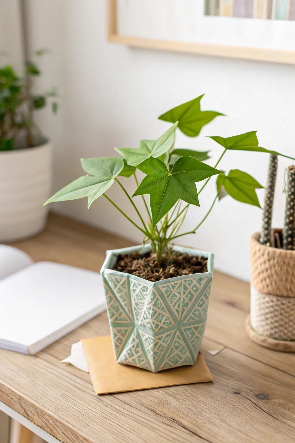 Elevate your workspace with a touch of handcrafted elegance: Miniature Origami Pot Plant.