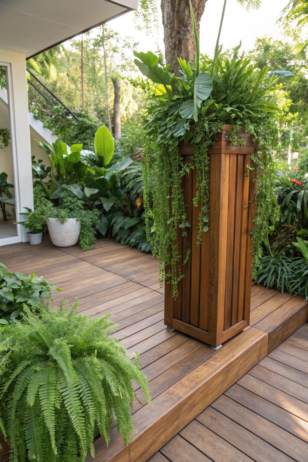 Transform your deck into a serene garden oasis with stunning vertical planters.