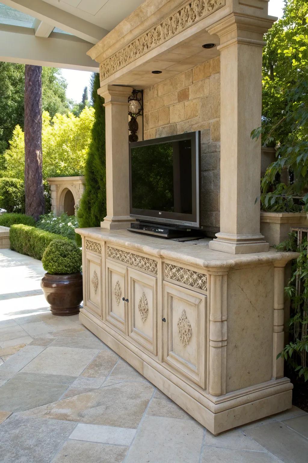 Elevate your outdoor space with the timeless elegance of a natural stone TV cabinet.