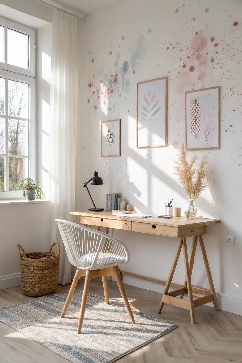 Transform your workspace into a haven of creativity with minimalist paint splatter walls.