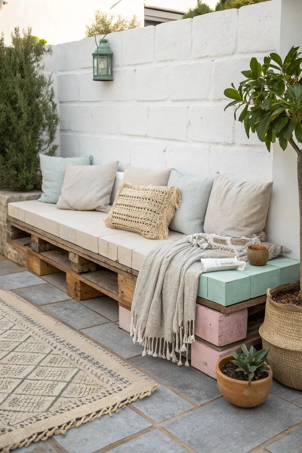 Elevate your outdoor space with chic, minimalist seating crafted from painted cinder blocks and wooden planks. #ScandinavianStyle #OutdoorLiving