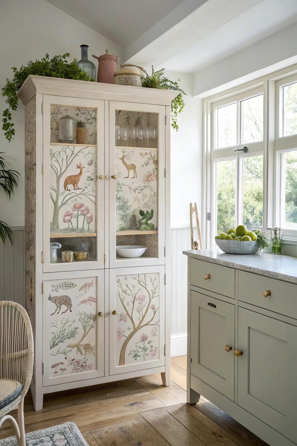 Add a touch of whimsy to your kitchen with a hand-painted animal cabinet that steals the spotlight.