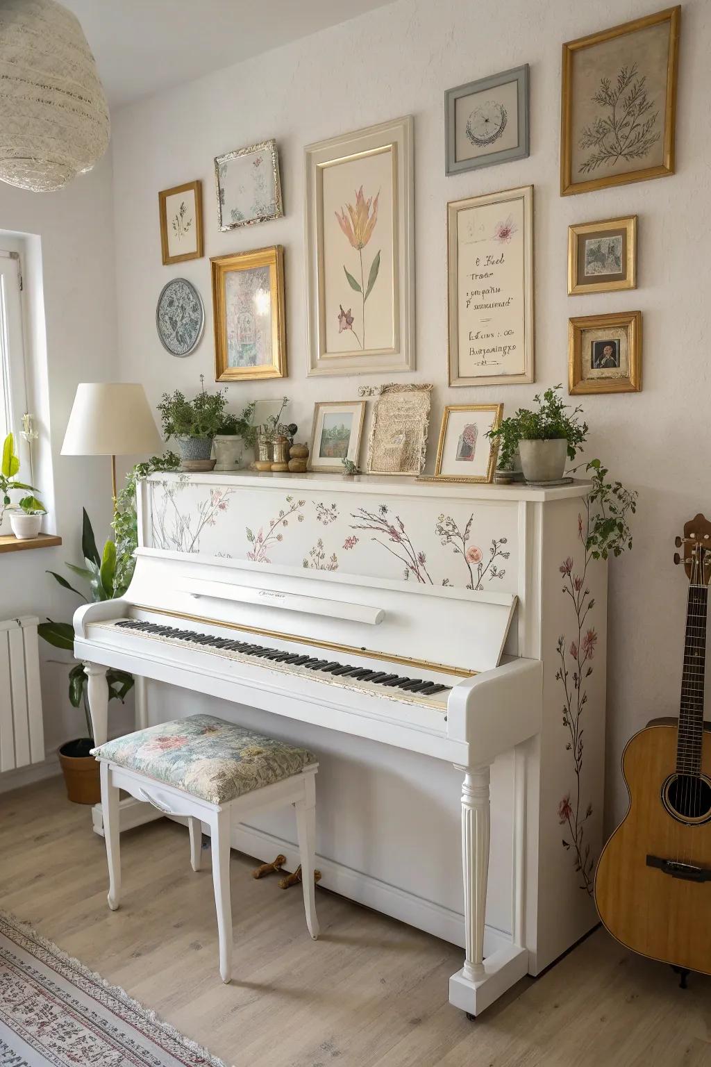 Transform your piano into a gallery masterpiece with art and mirrors.