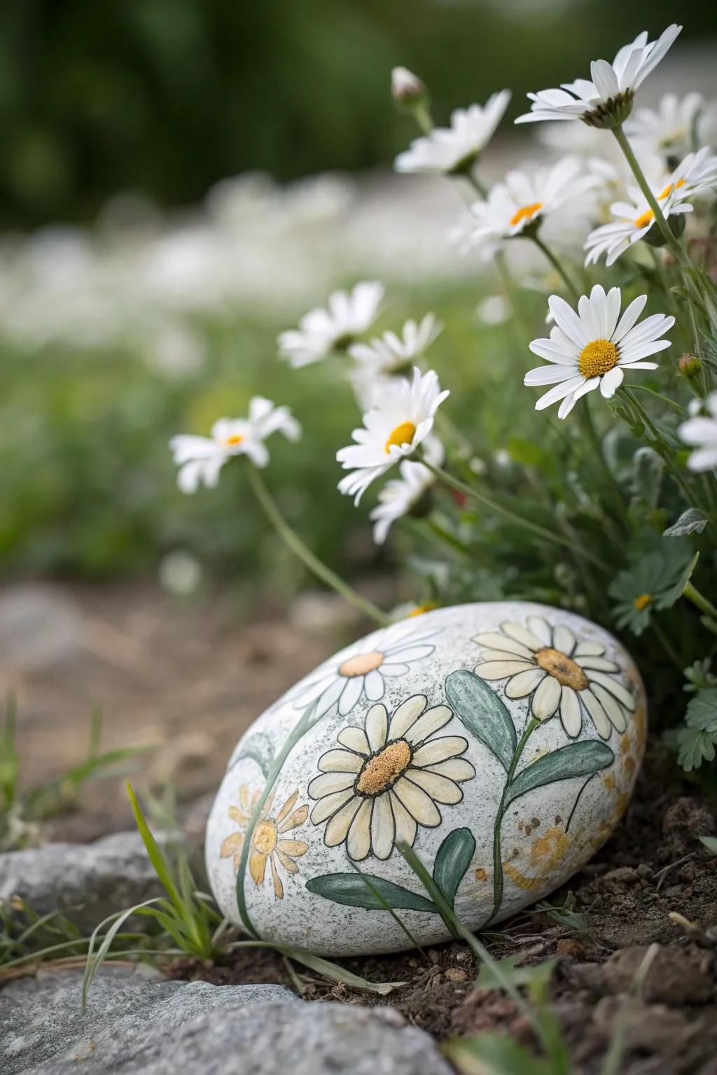 Embrace the harmony of art and nature with these daisy-inspired painted rocks.