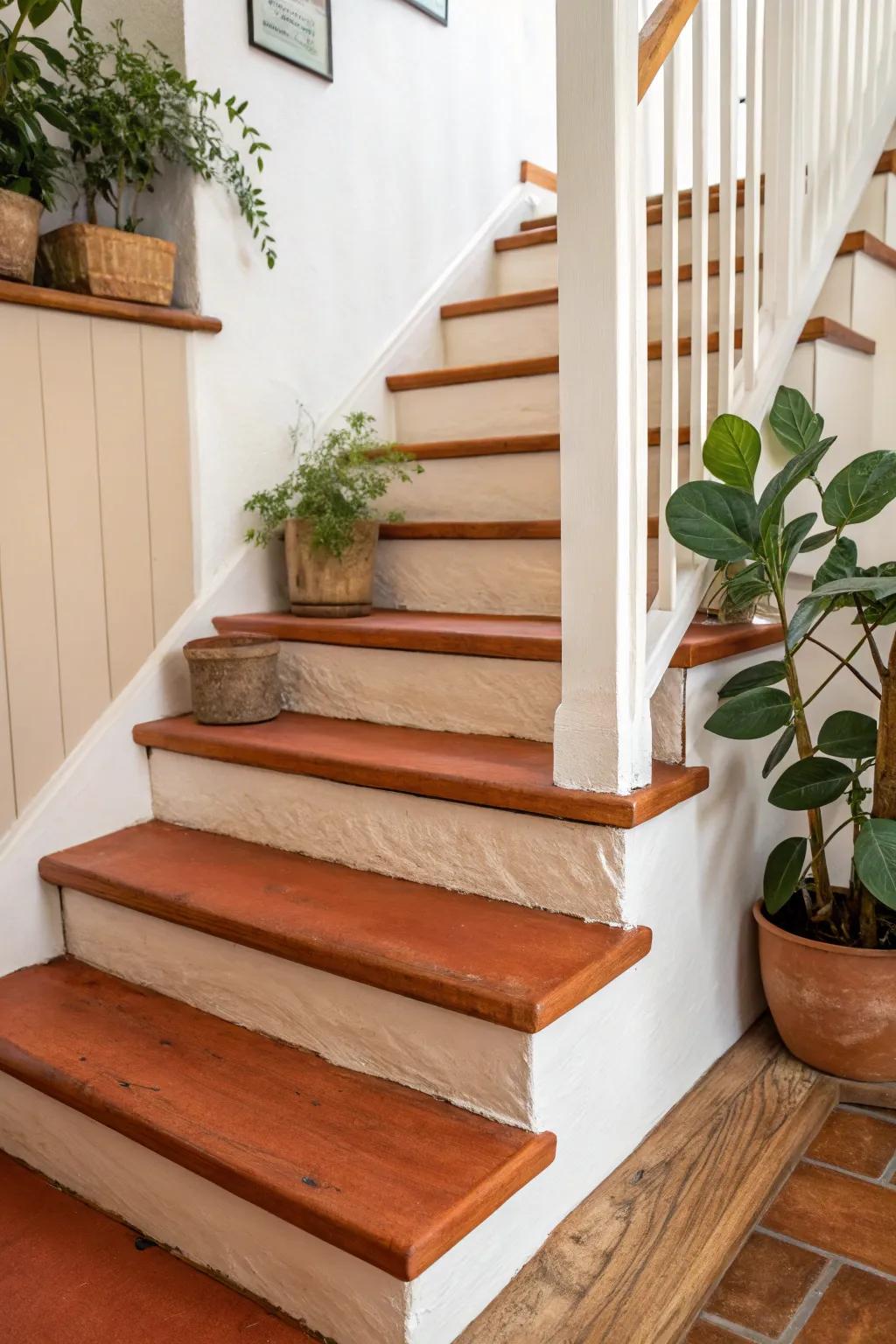Embrace rustic charm with warm hues and natural wood finishes for a cozy, inviting staircase.