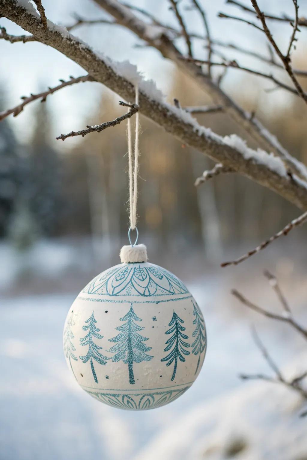 Embrace the serene beauty of winter with this handcrafted wooden ornament, featuring charming snow-covered tree motifs in soothing white and blue.