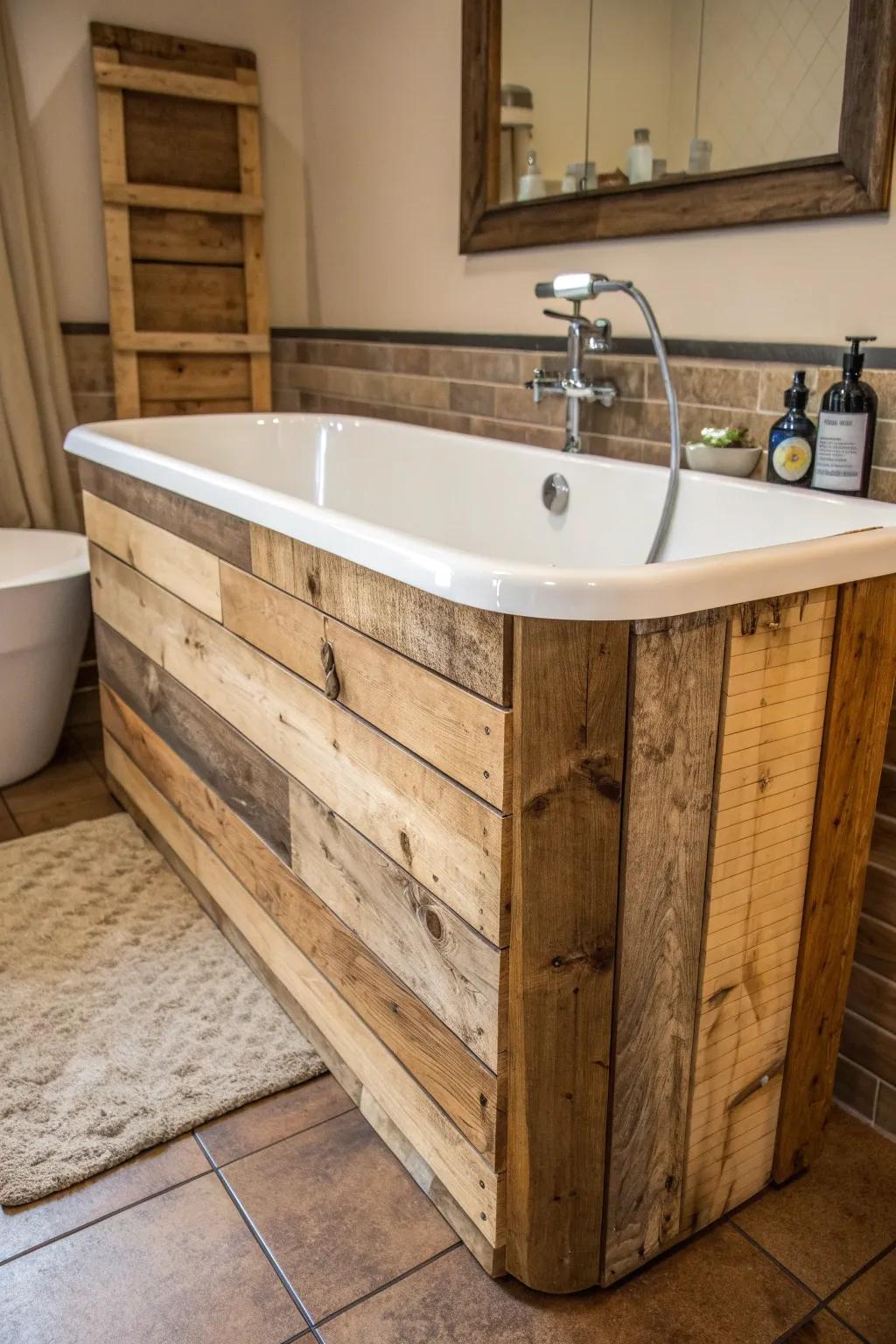 Transform your bathroom into a rustic retreat with a pallet wood tub panel that exudes craftsmanship and style.