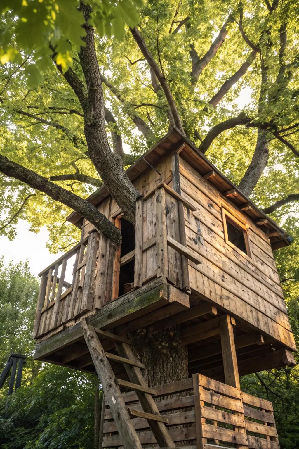 Embrace your adventurous spirit with this stunning pallet treehouse fort, where craftsmanship meets nature.