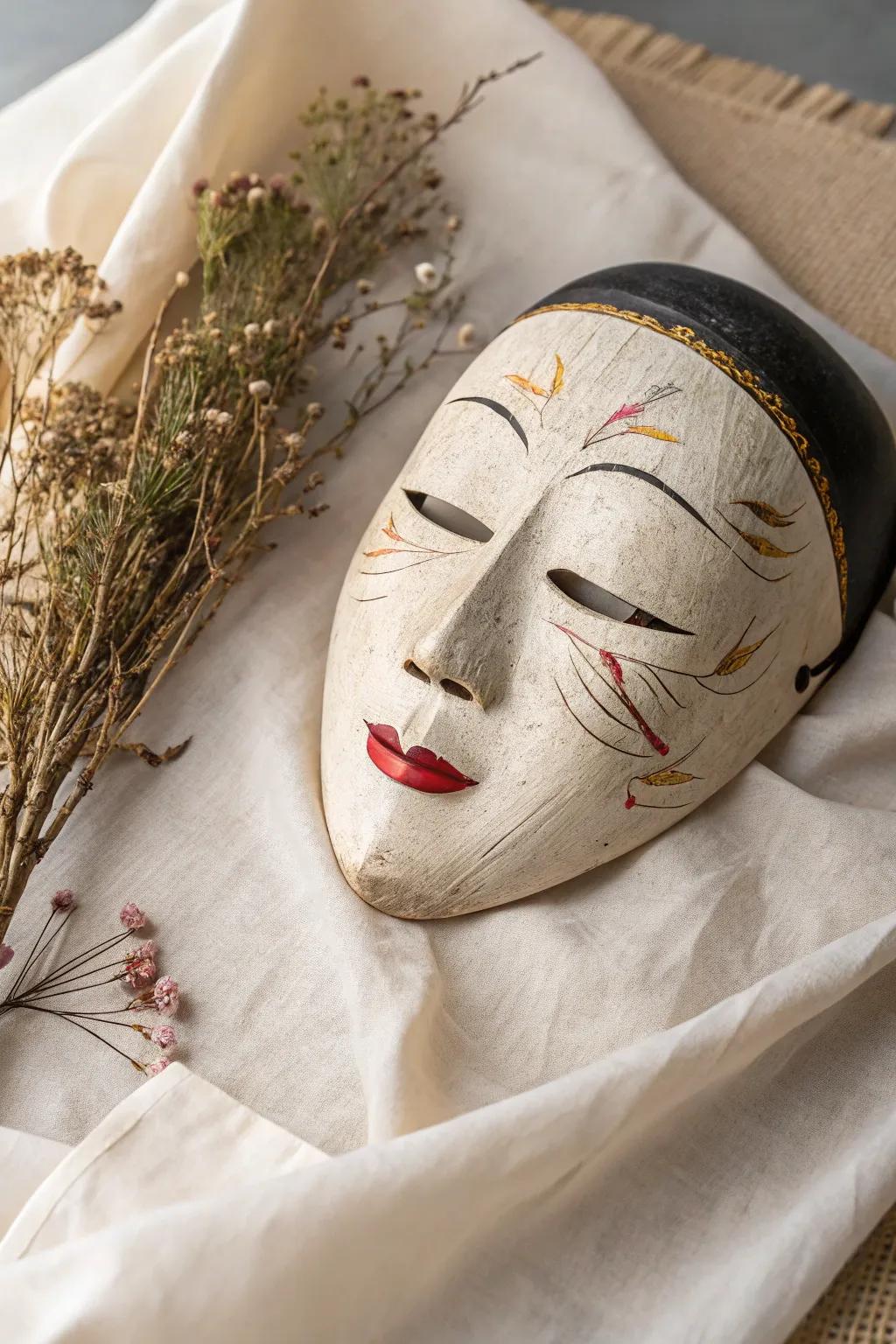 Embrace the artistry of traditional Japanese Noh masks with a minimalist, boho twist.