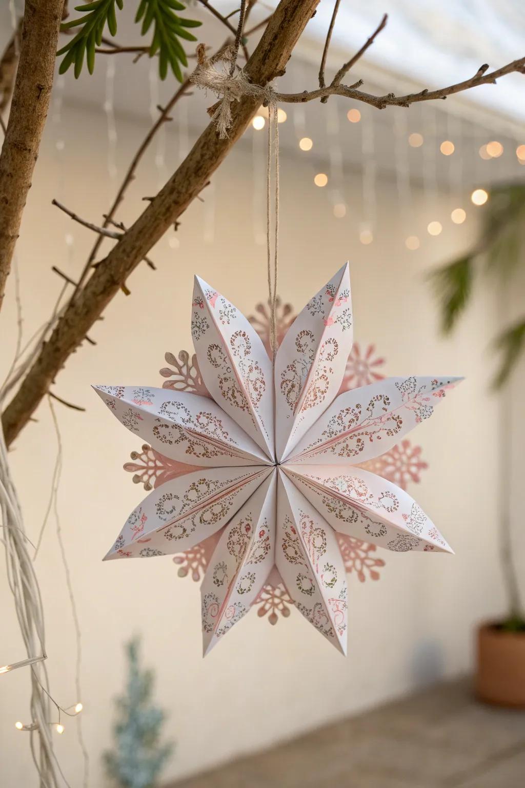 Transform your space with the enchanting simplicity of patterned paper snowflakes, each a masterpiece of craftsmanship.