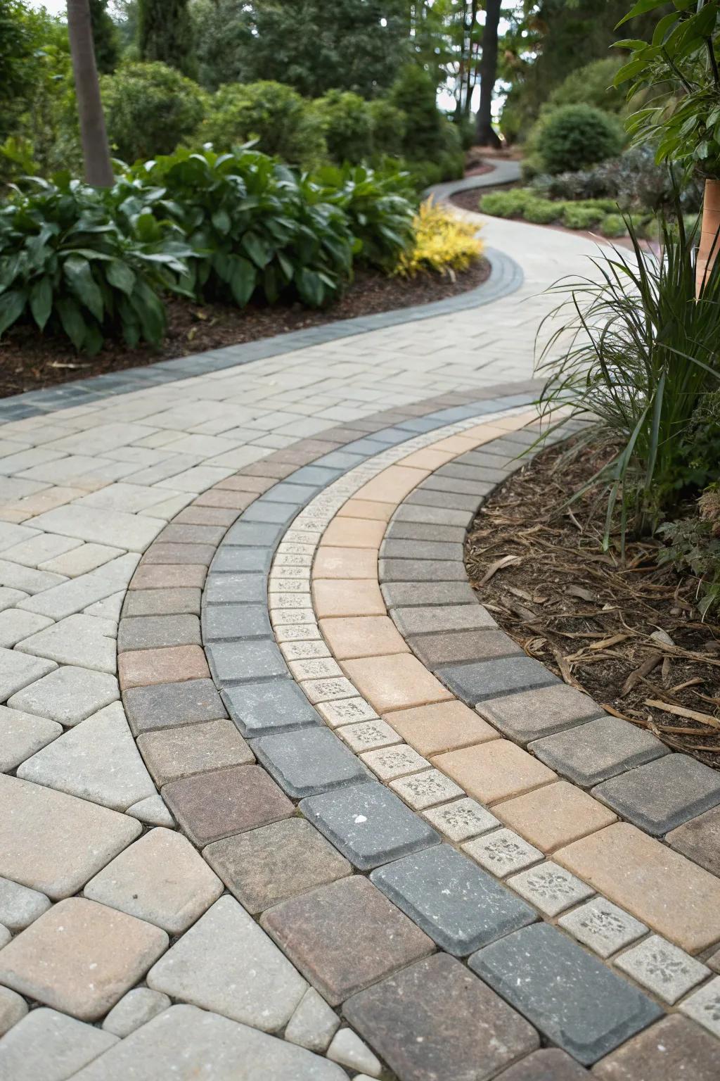 Transform your garden with a stunning mix of curved and straight paver borders for a dynamic, expansive feel.