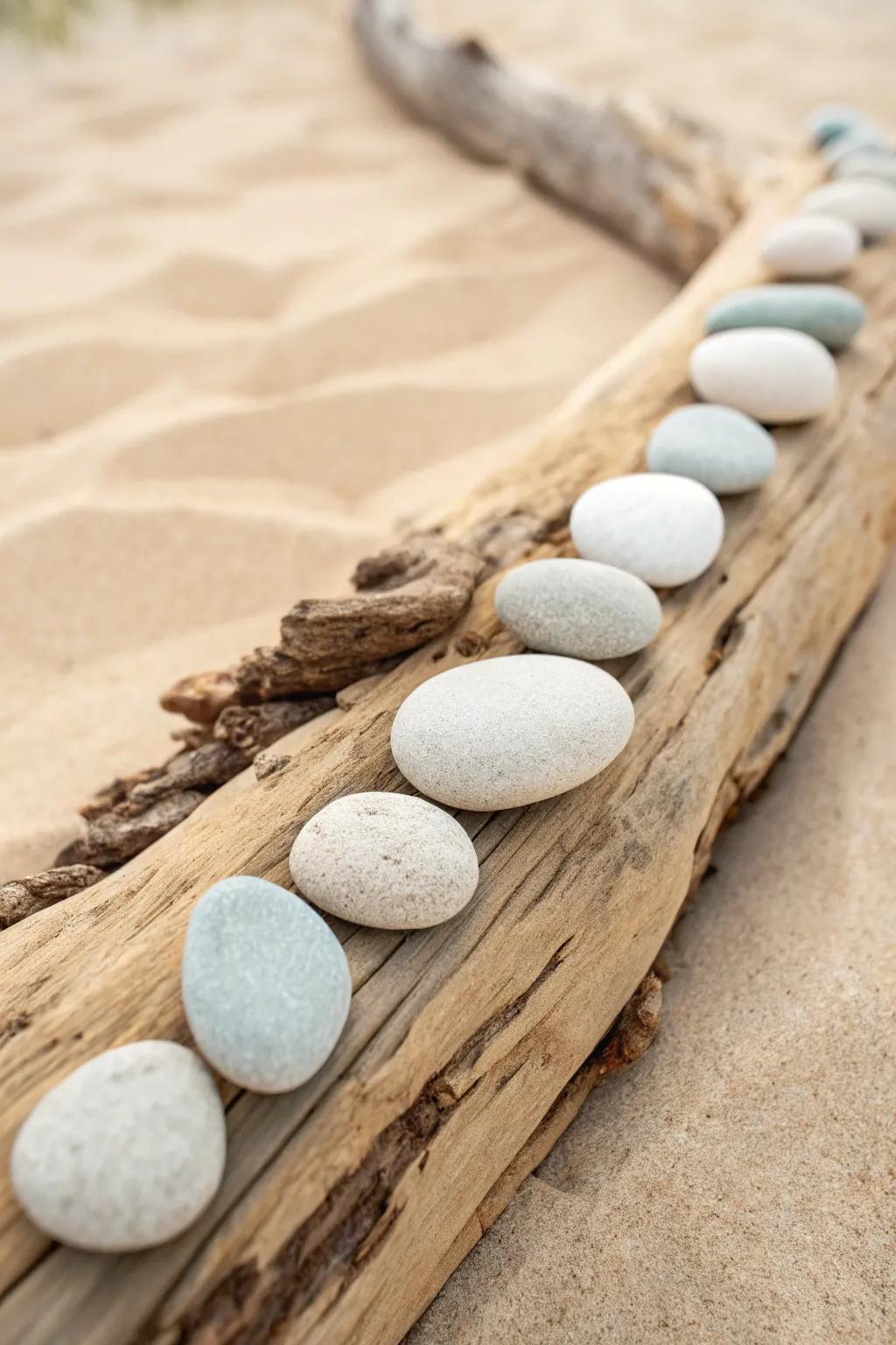Embrace coastal serenity with this minimalist pebble and driftwood art piece, perfect for adding a touch of natural beauty to your space.