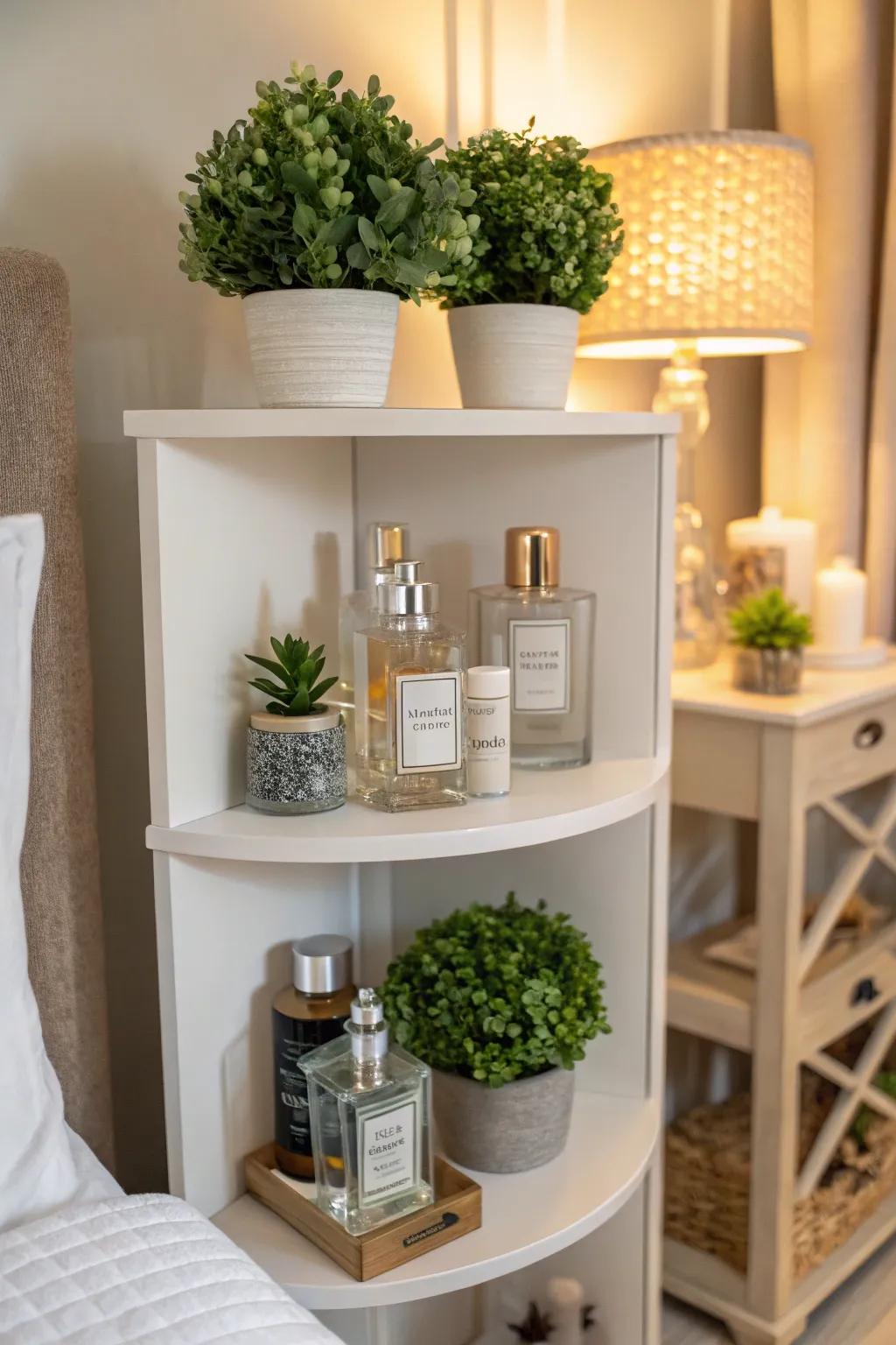 Corner shelves maximize space while showcasing your scents.