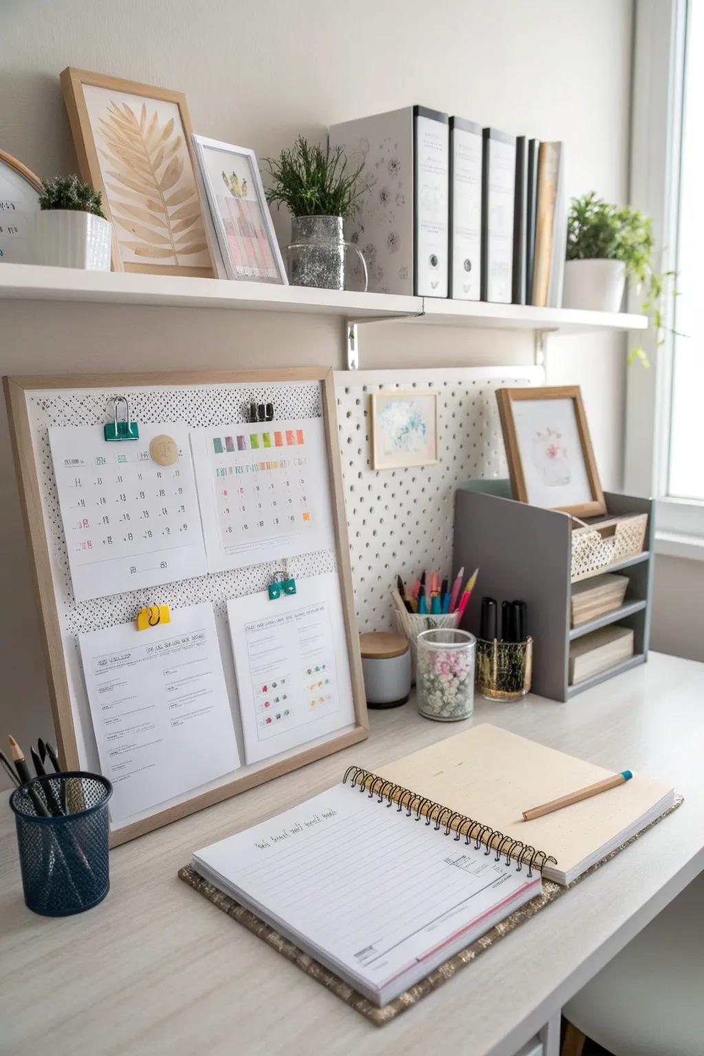 A picture ledge in a workspace keeps inspiration close at hand.