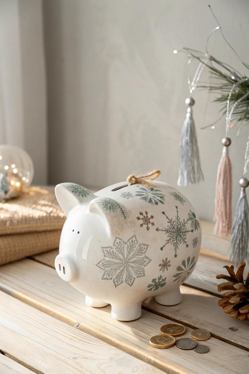 Add a touch of festive elegance to your decor with this beautifully painted snowflake piggy bank.