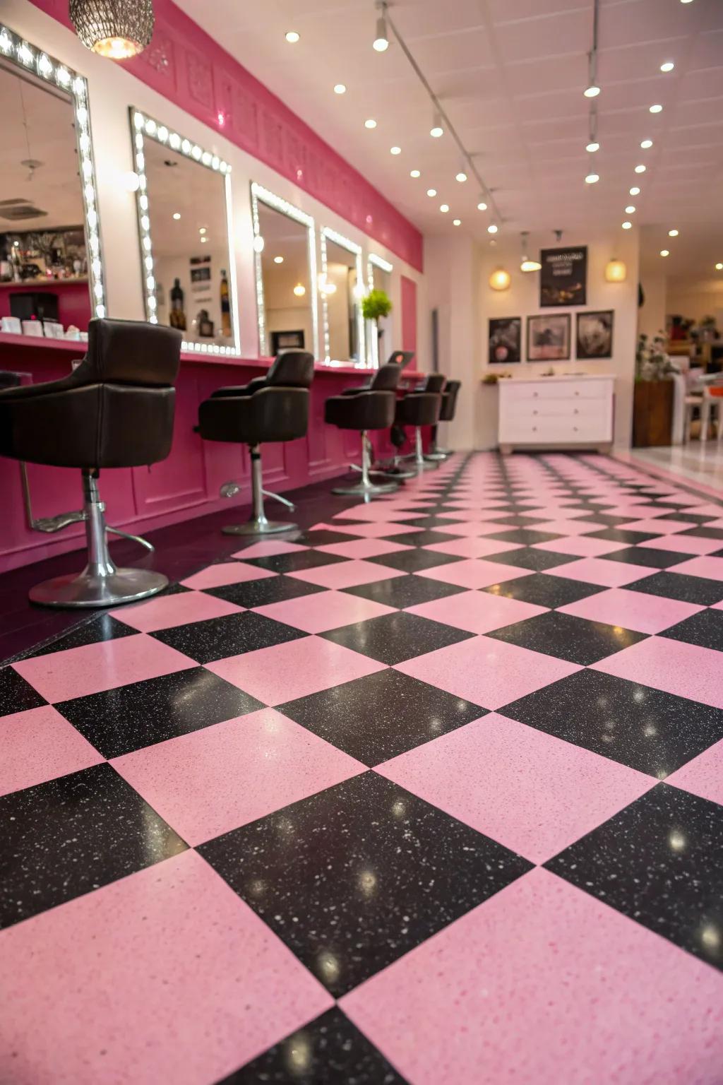 Checkered flooring adds a unique flair to salon design.