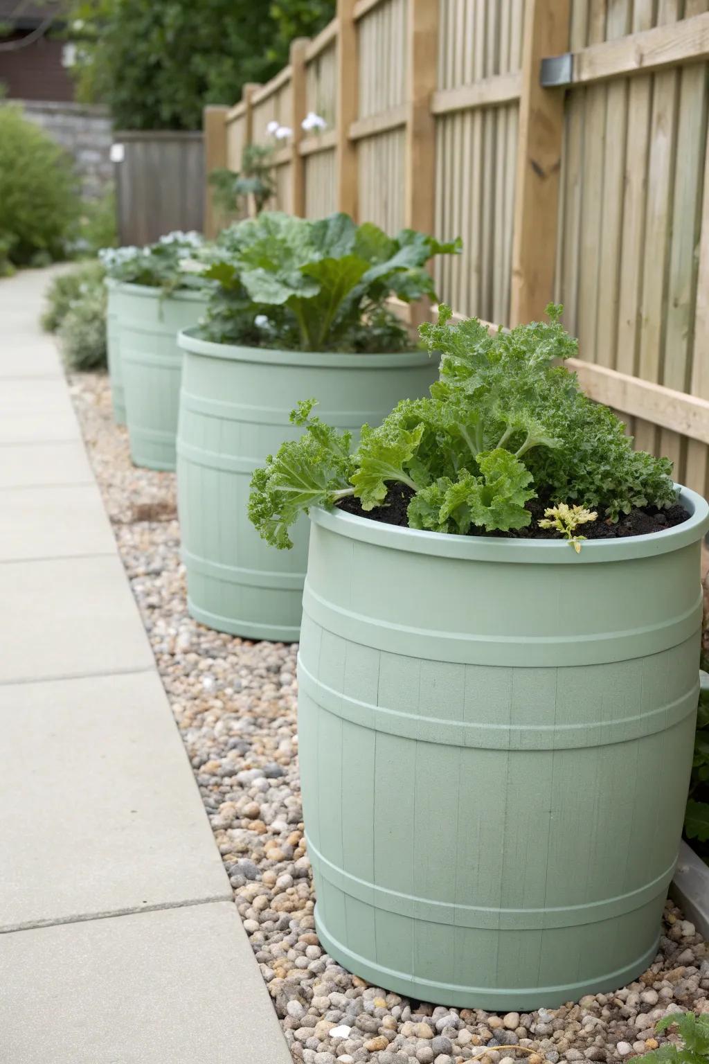 Organize your garden with style: Discover the beauty of aligned barrel planters.