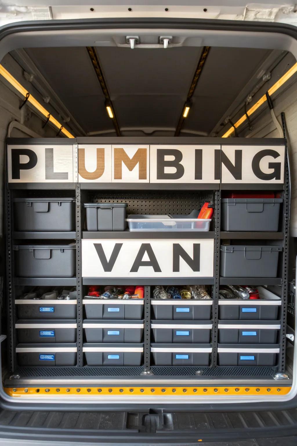 Master the art of organization with a labeling system that transforms your plumbing van into a mobile workshop.