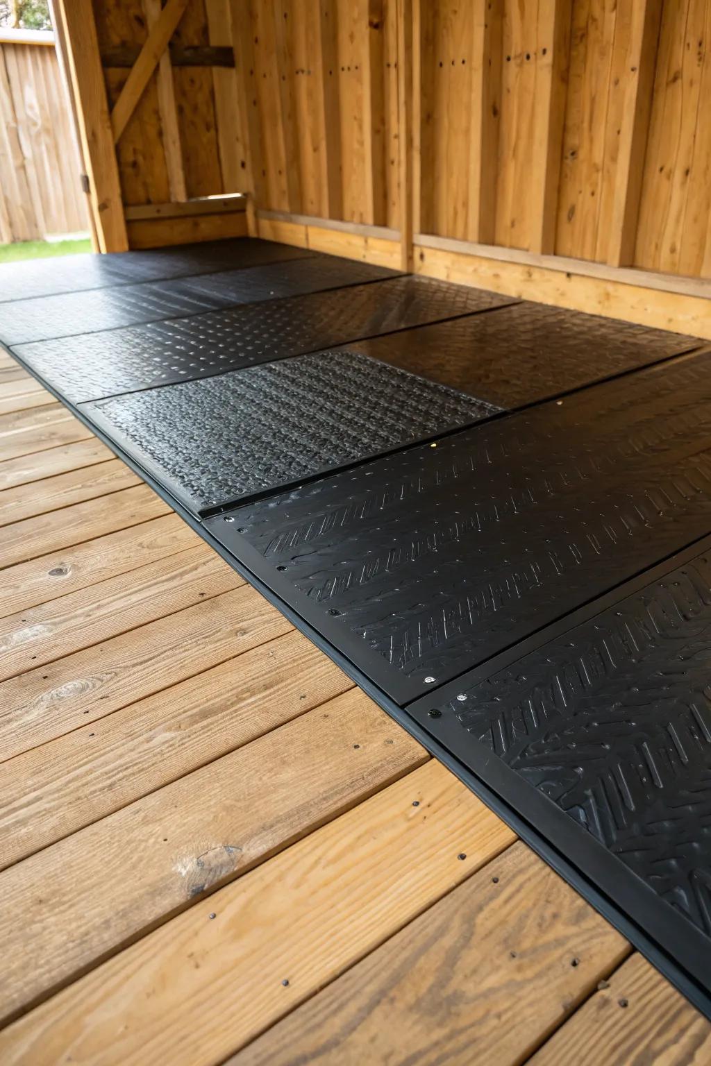 Elevate your shed's functionality with the perfect blend of plywood and rubber mats for a stylish, non-slip floor.
