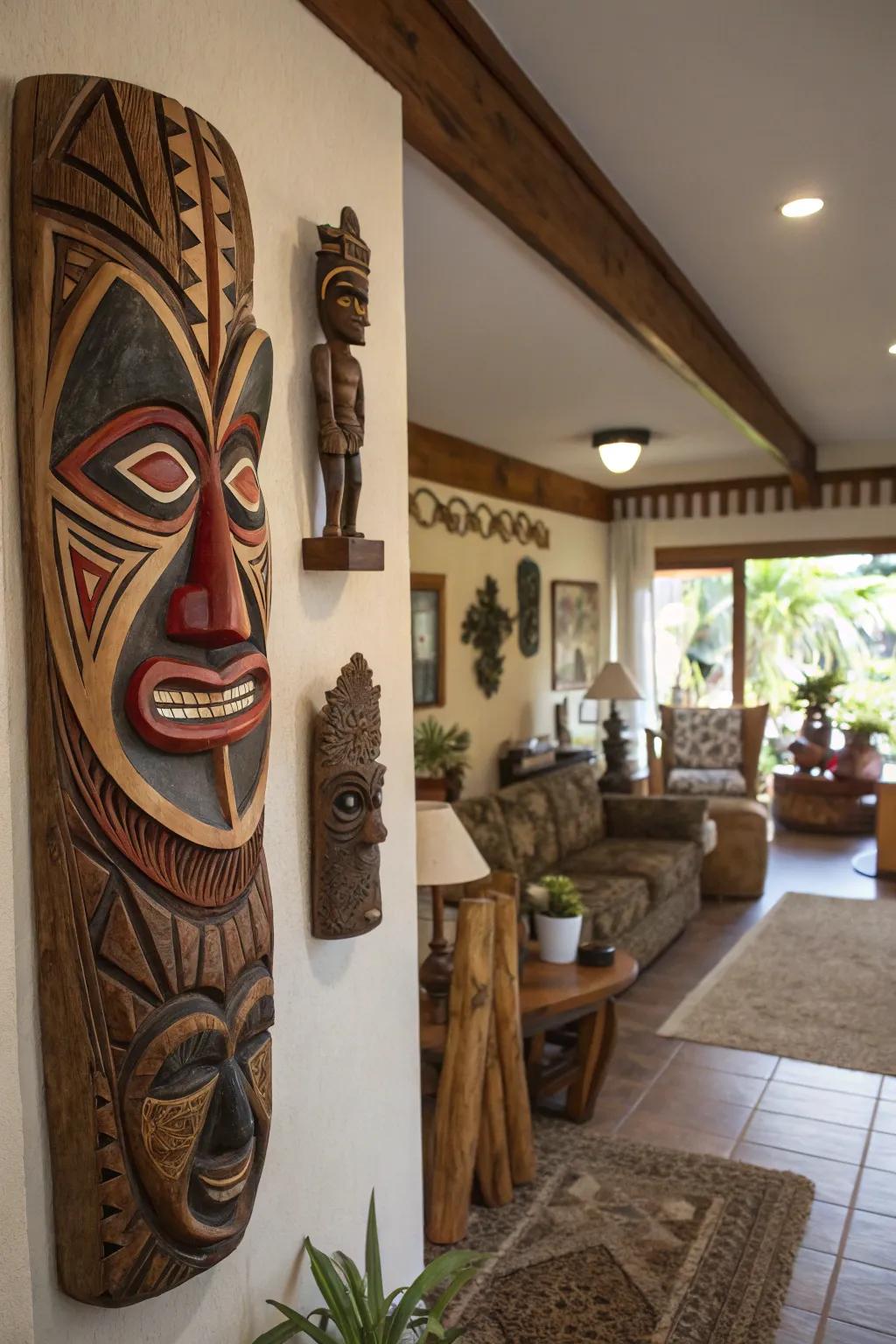 Cultural masks and sculptures offer authenticity.