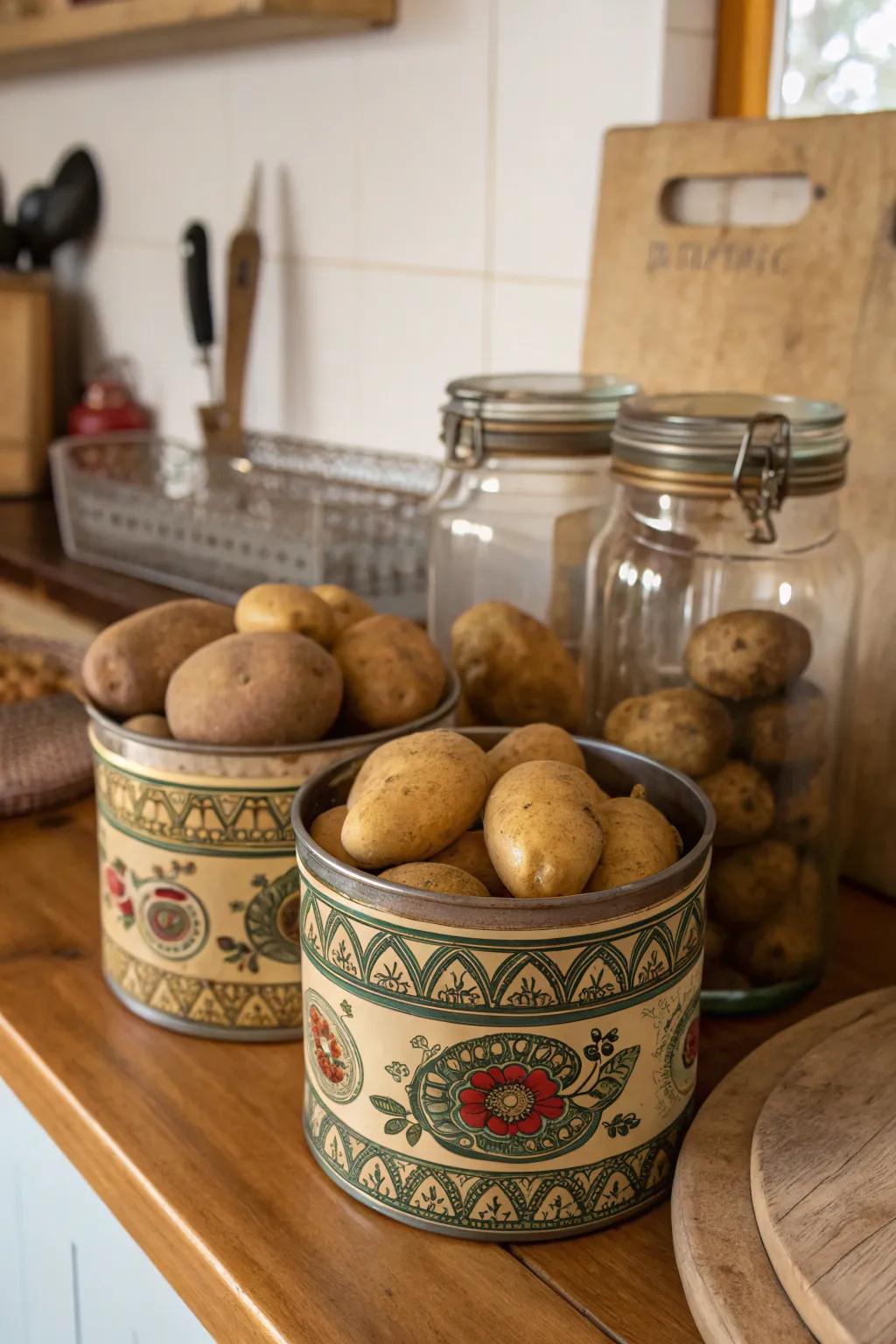 Eclectic containers give a vintage feel to potato storage.