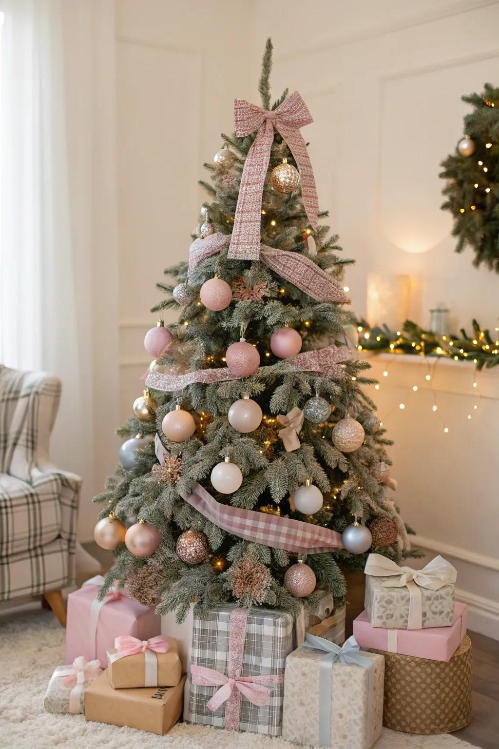 A preppy Christmas tree adorned with pastel and plaid decorations.