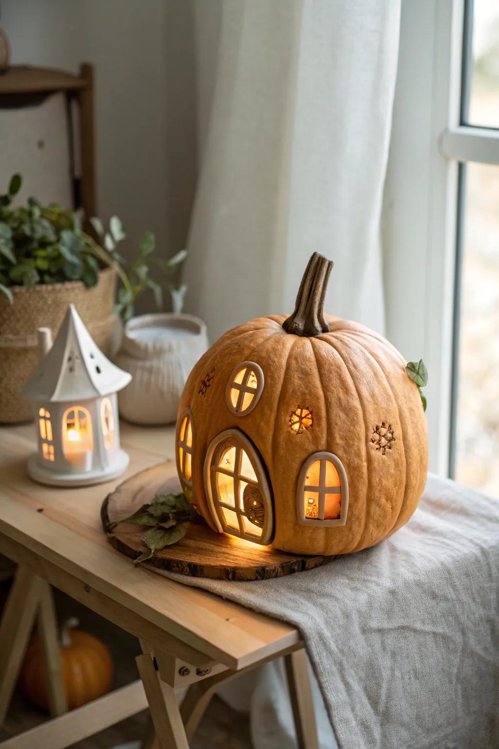 Welcome to your enchanting retreat: a pumpkin fairy house glowing softly in Scandinavian-Boho style.