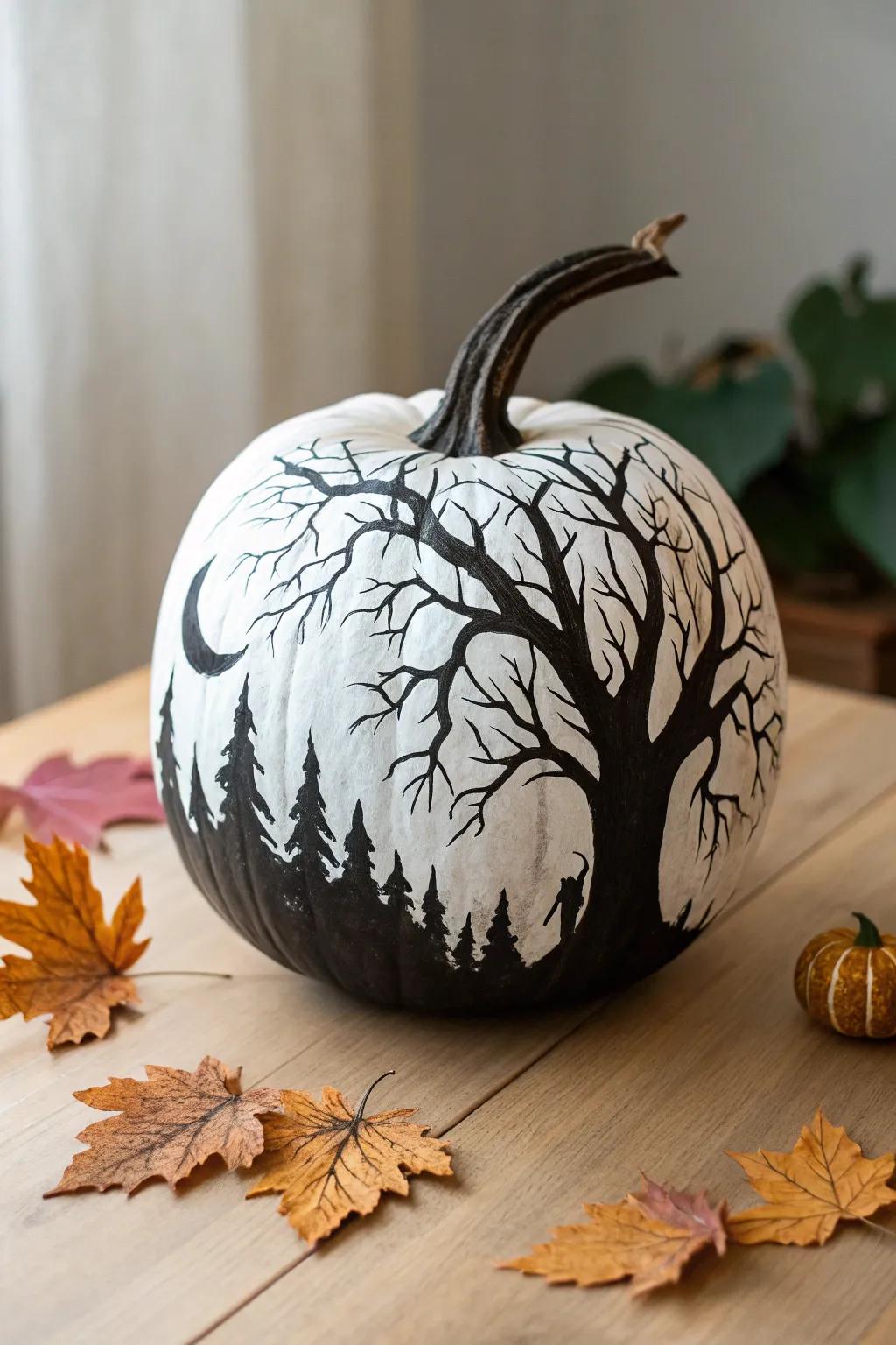 Transform your pumpkin into a mysterious masterpiece with dark forest silhouettes. Embrace the beauty of simplicity this Halloween!
