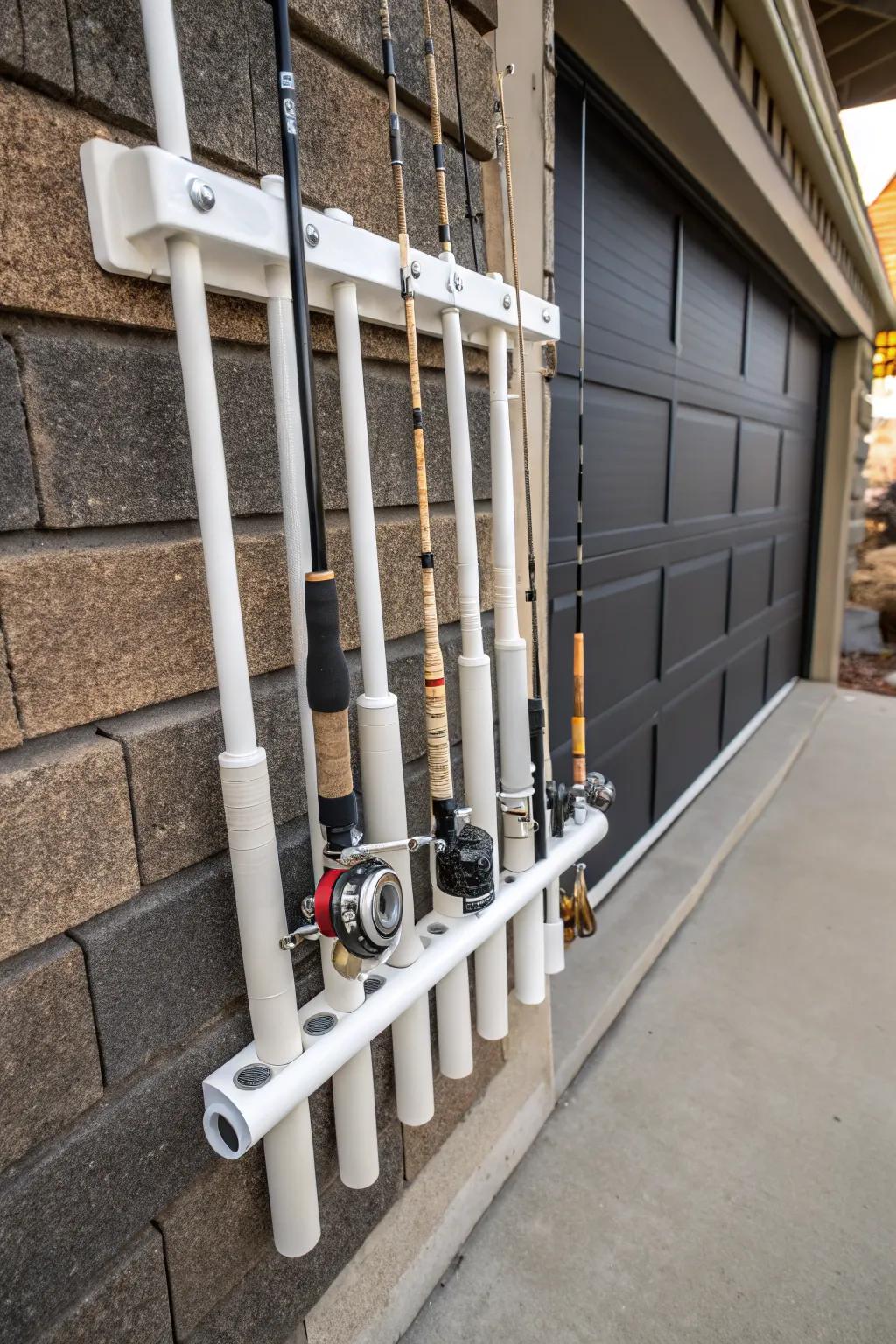 Master the art of organization: Keep your fishing rods tangle-free with this sleek PVC pipe holder.