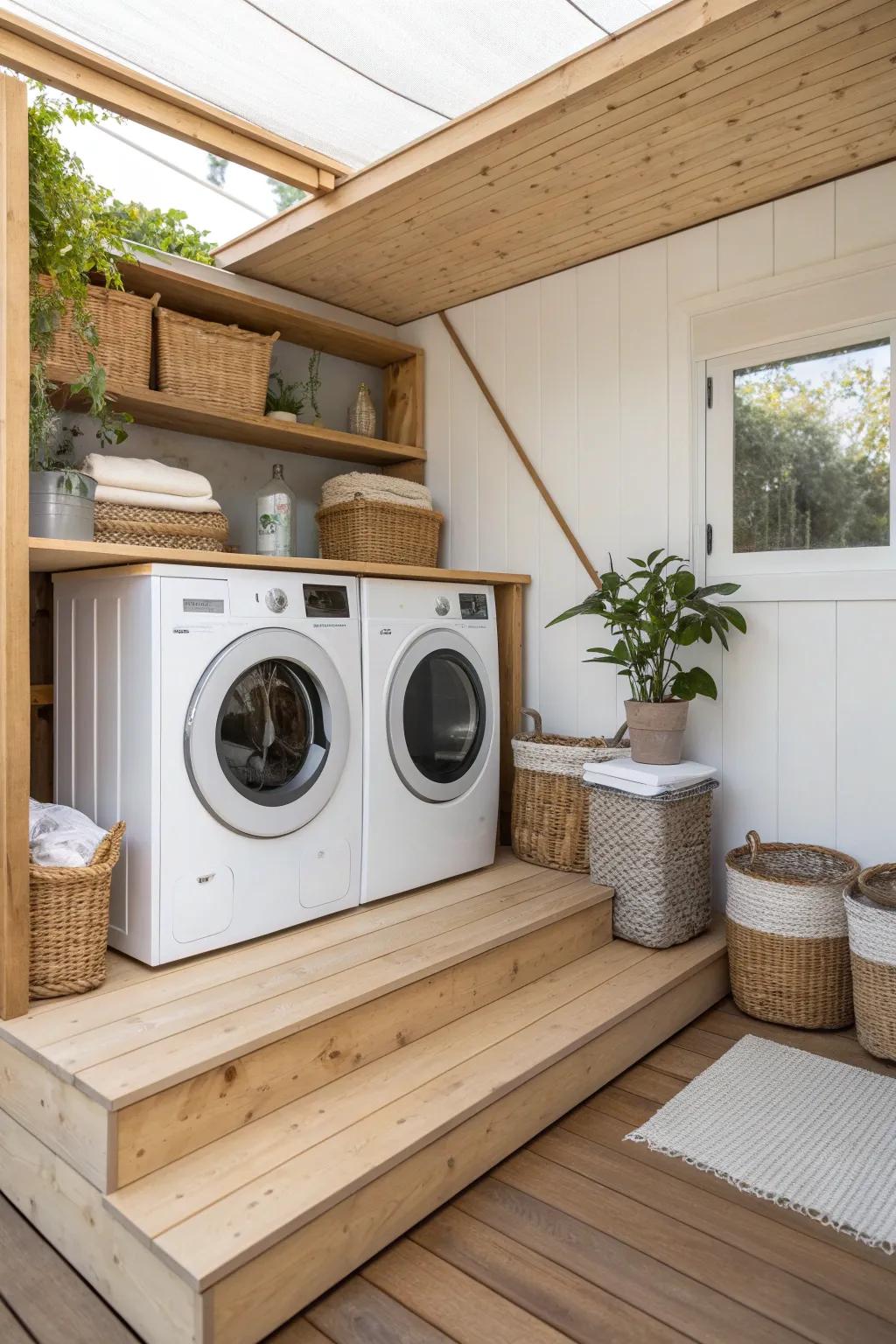 Effortless Elegance: Elevate your laundry space with a side-by-side setup that blends functionality with Scandinavian-Boho charm.