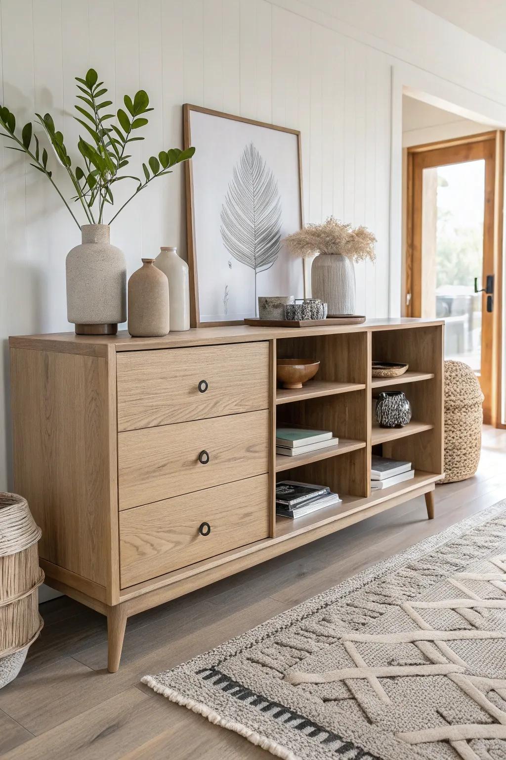 Transform your space with this minimalist credenza, blending Scandinavian simplicity with a touch of Boho flair. Perfect for open storage solutions!