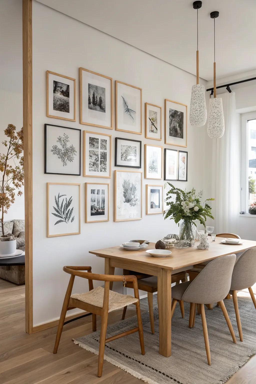 Transform your dining room into a personal art gallery with a curated wall display.