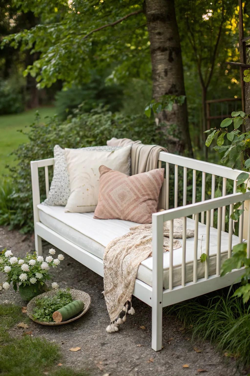 Transform your garden with a touch of creativity: A crib turned cozy outdoor bench!