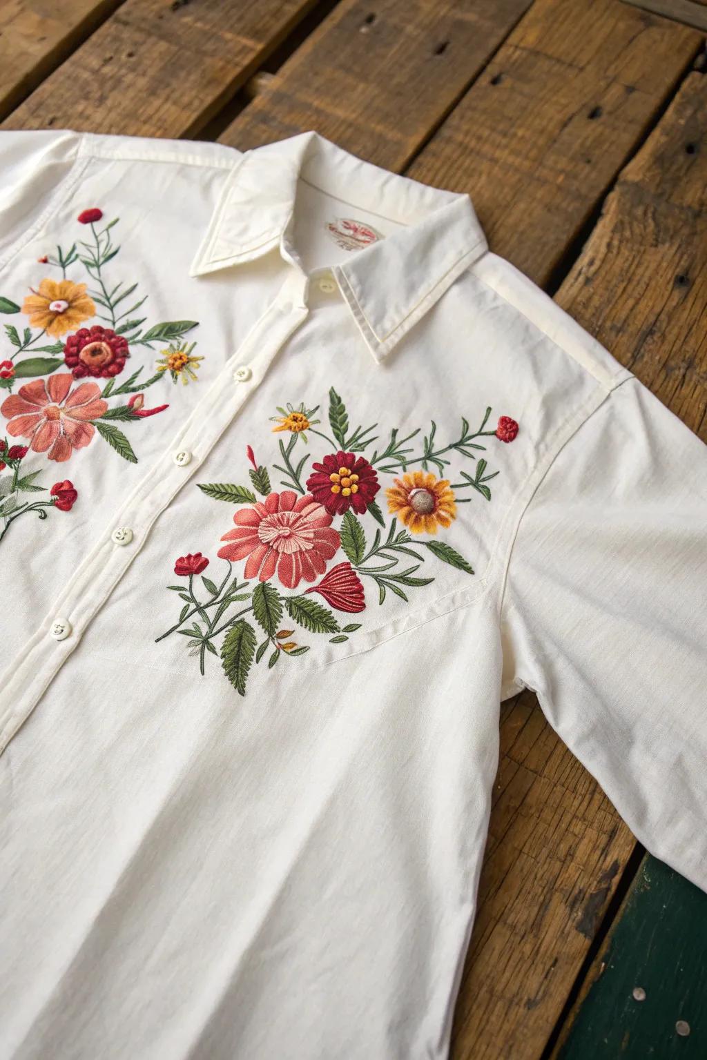Celebrate cherished memories with a touch of nature's beauty. 🌹🌼 Exquisite floral embroidery on a tribute shirt.