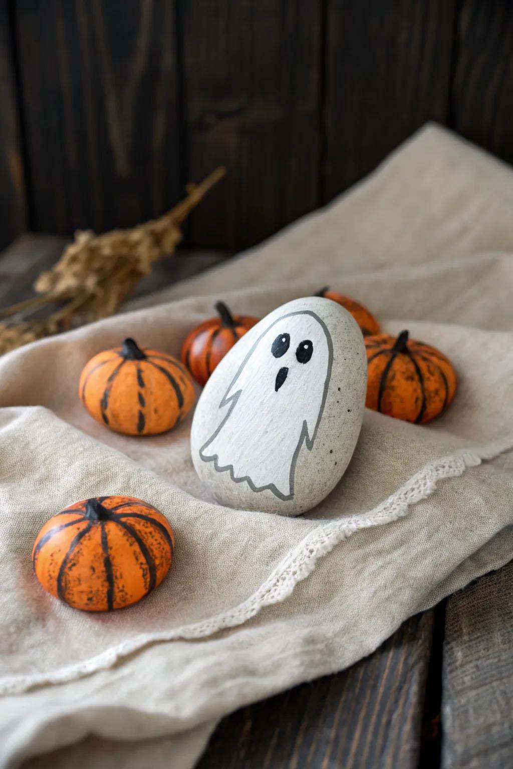 Elevate your Halloween decor with minimalist rock art that captures the spooky spirit in a simple, natural way.