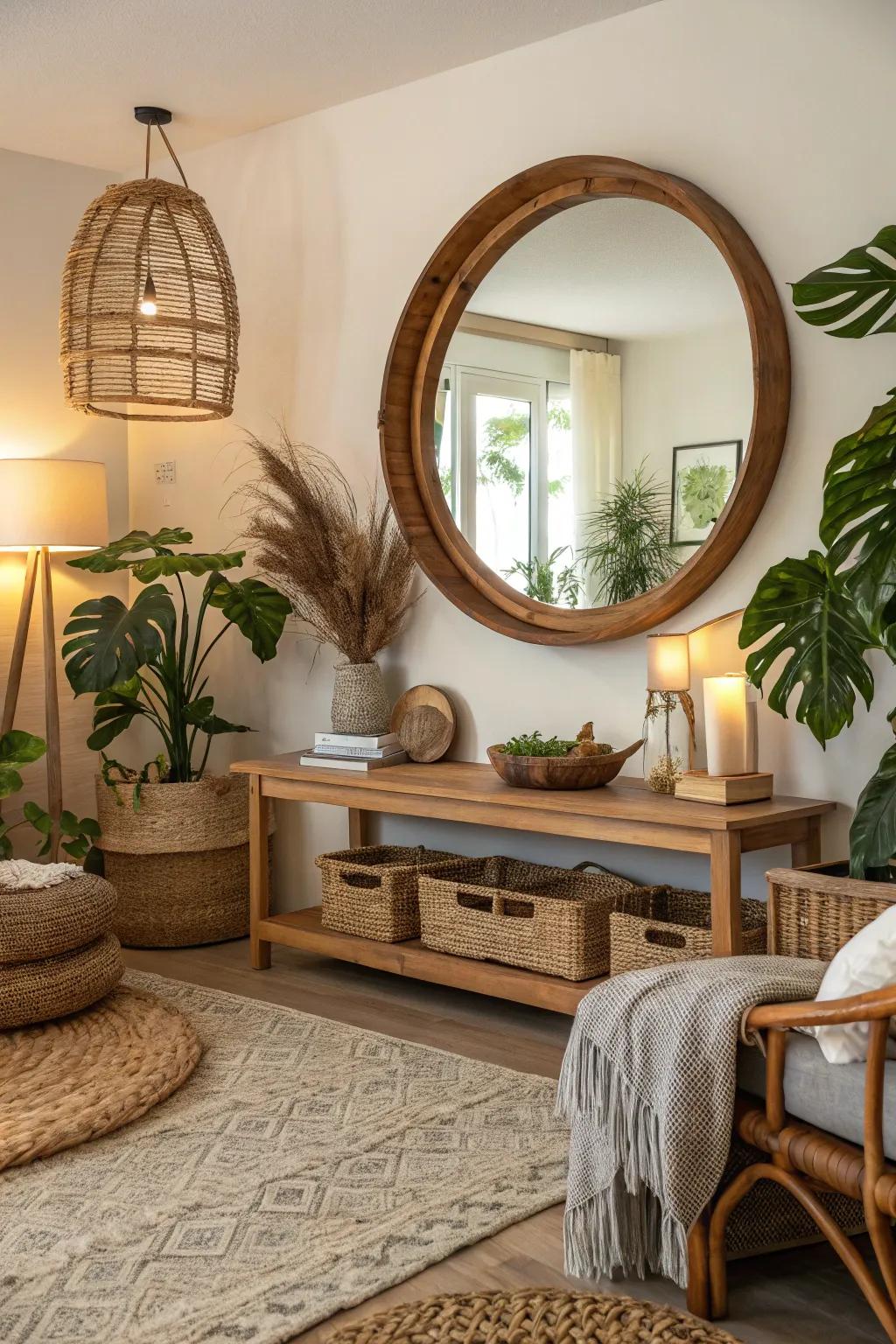 Wood-framed round mirror adding warmth to a rustic living room.