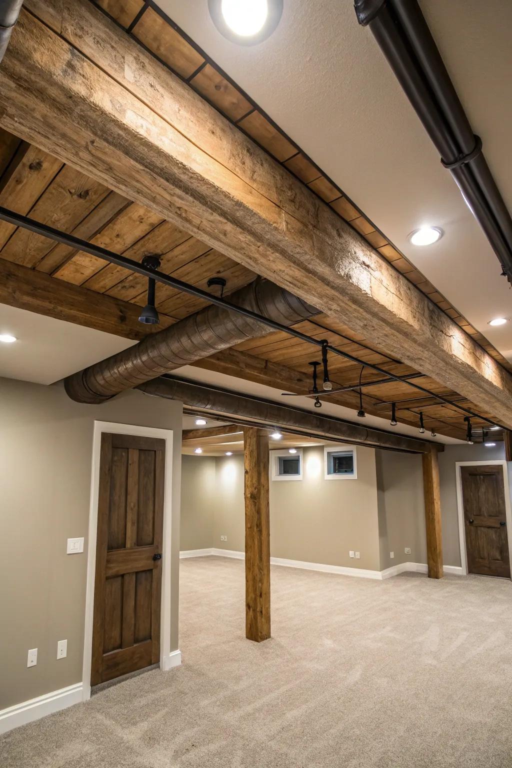 Embrace rustic elegance with a neutral palette that transforms your basement into a warm and welcoming retreat.