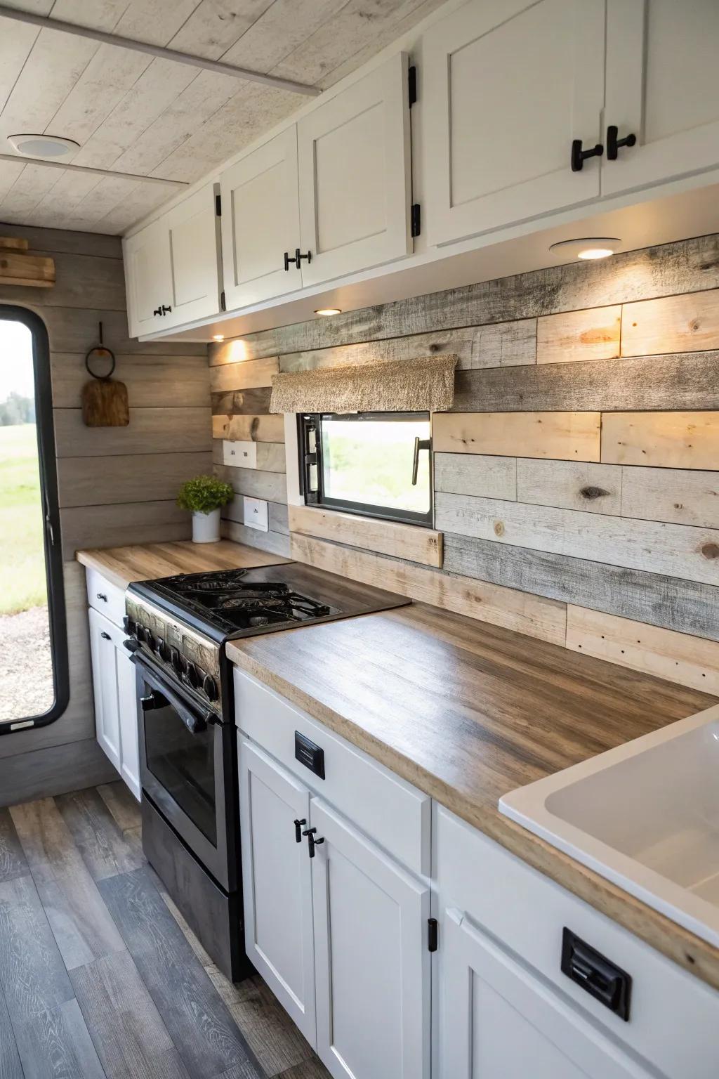 Transform your RV kitchen with the timeless charm of rustic shiplap. #FarmhouseFeel #MinimalistBoho