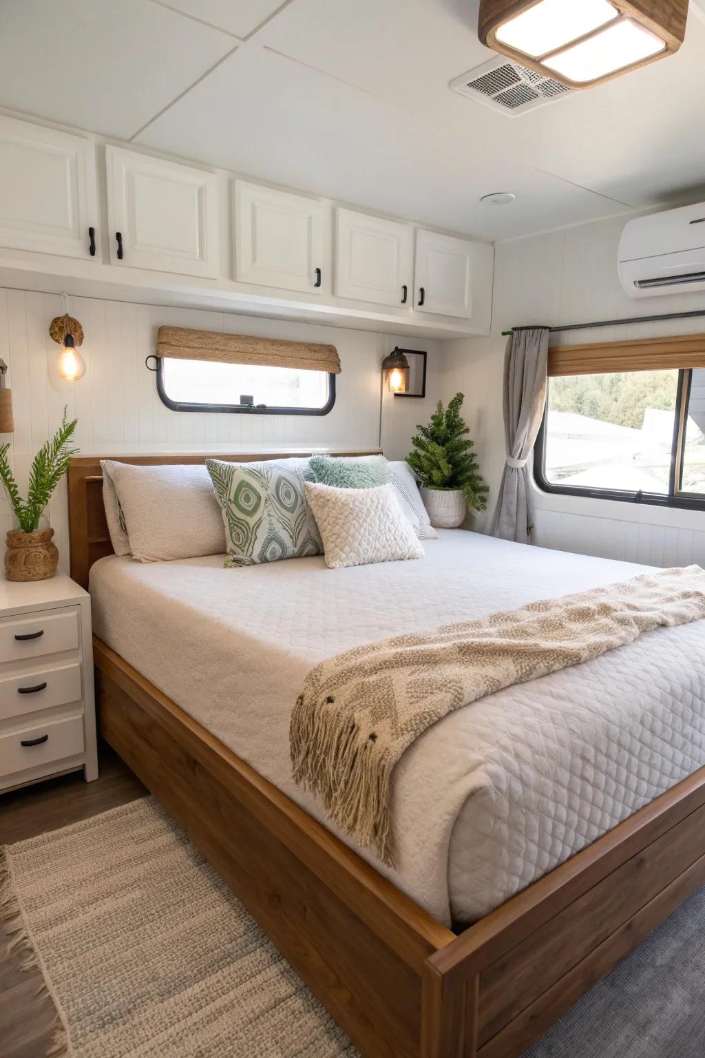 Discover the art of layout optimization with this serene and stylish RV bedroom transformation.