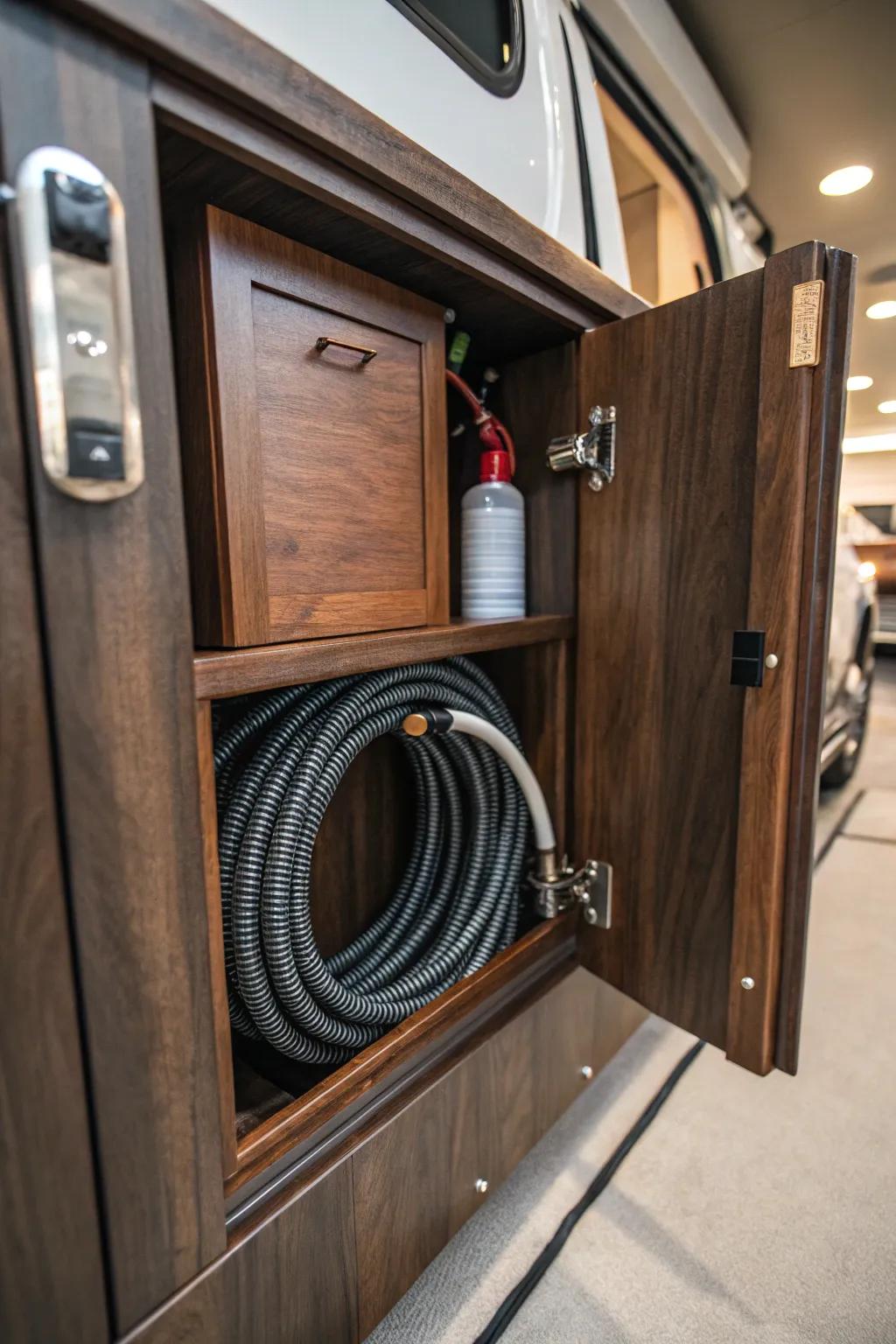 Discover the art of hidden storage: elegance meets utility in your RV's secret nook.