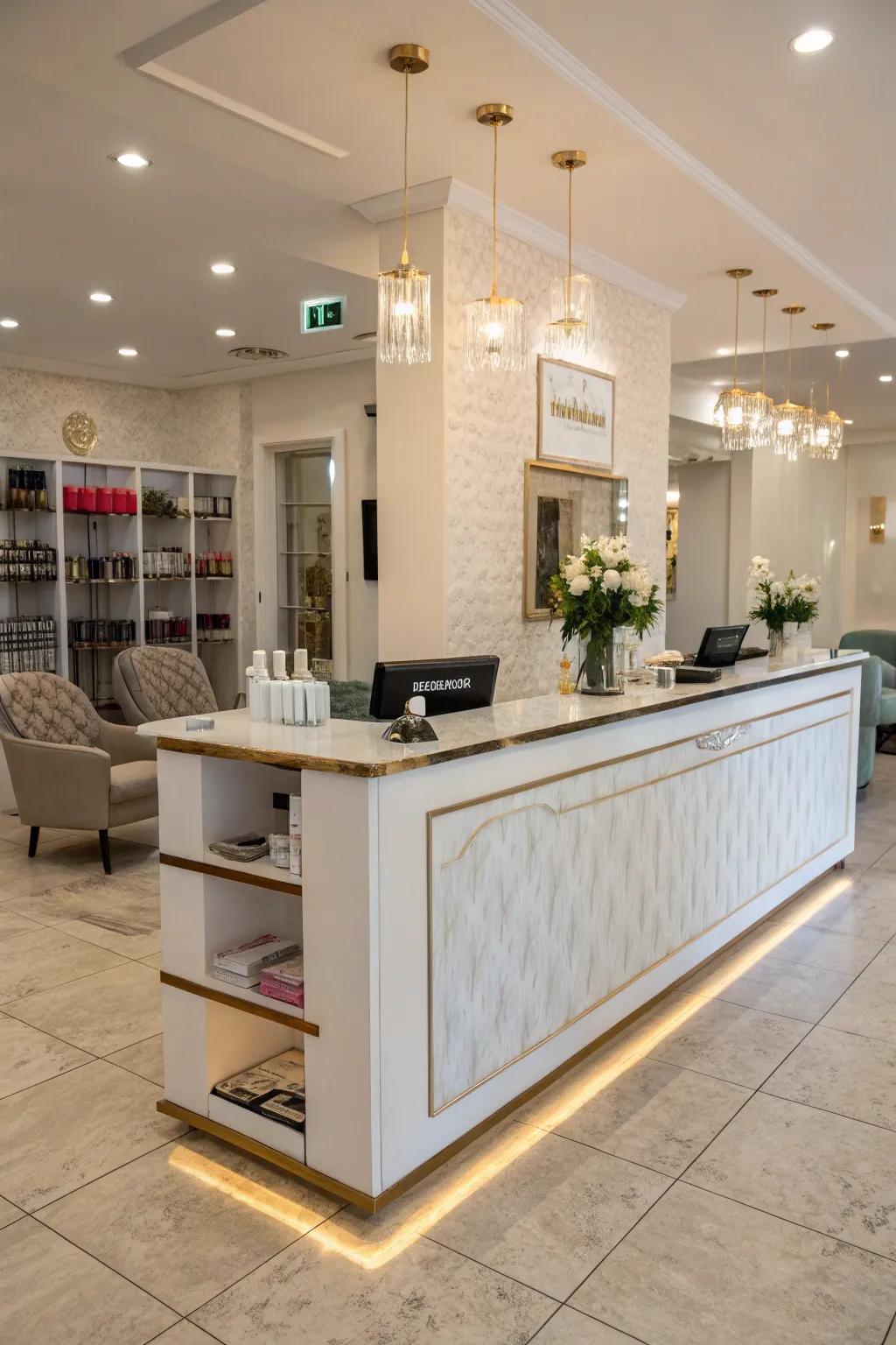 A salon reception area centered around a stylish and functional reception desk.