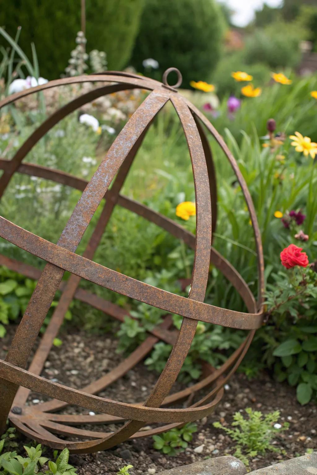 Elevate your garden with handcrafted elegance: a stunning metal sphere that blends art with nature.
