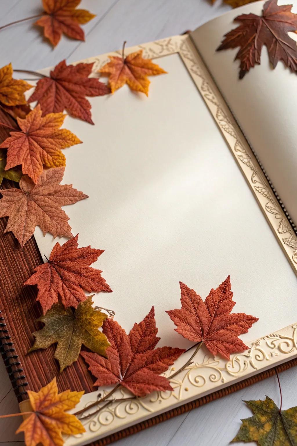 Capture the season's charm with handcrafted autumn leaf borders for your scrapbook.