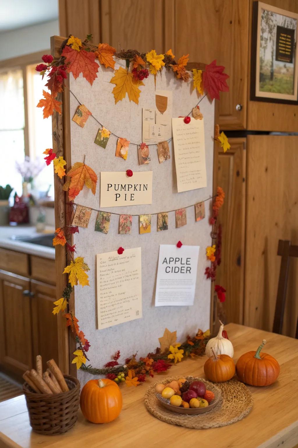 A bulletin board filled with handwritten autumn recipes shared by colleagues.