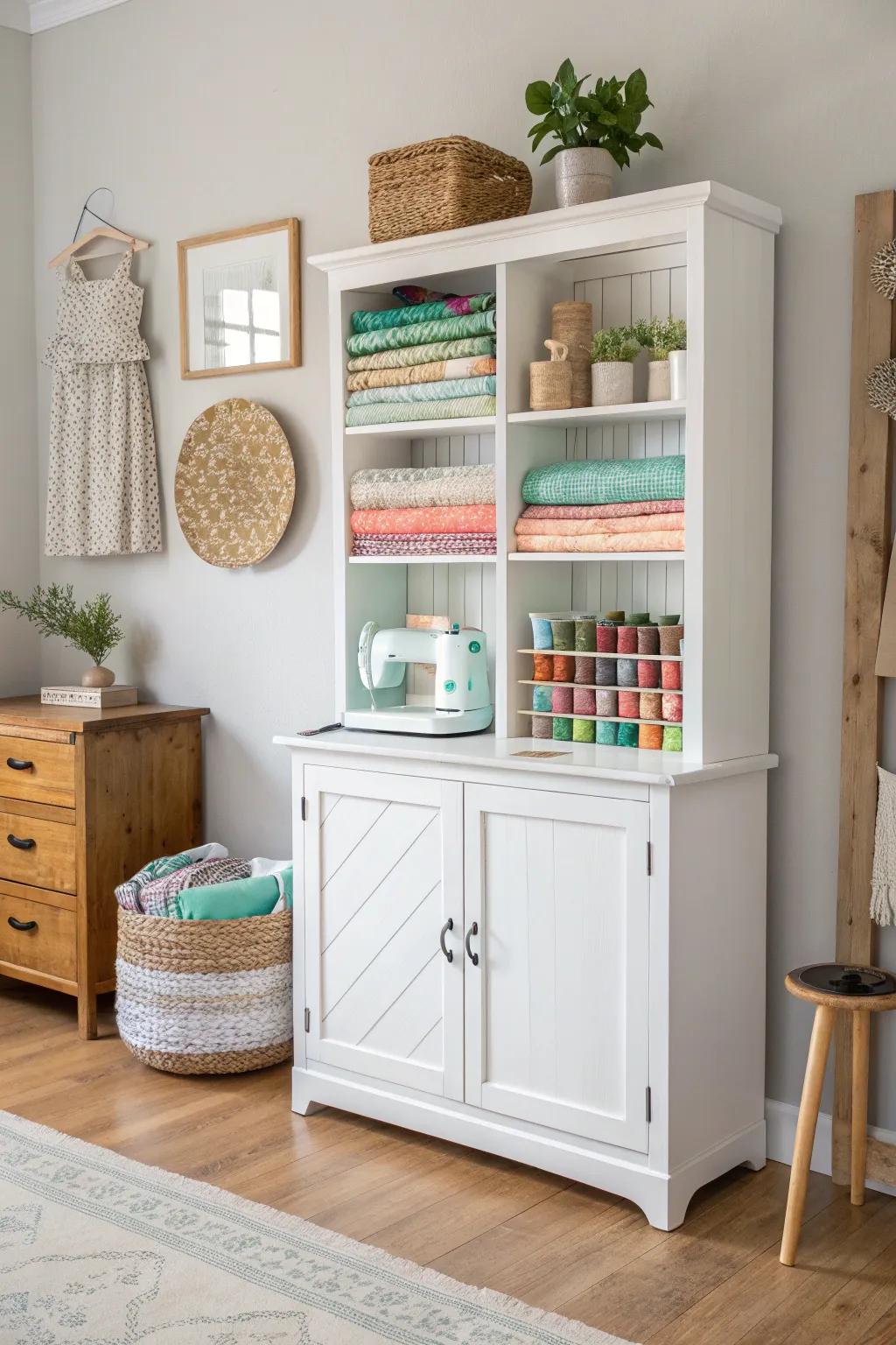 Discover the beauty of repurposed furniture: A vintage hutch turned into a chic sewing storage masterpiece.