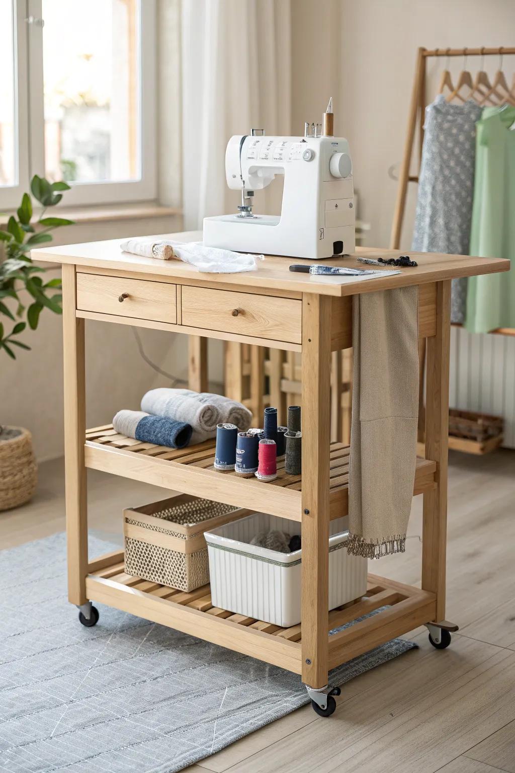 Transform your space with a versatile kitchen cart for a chic sewing station!