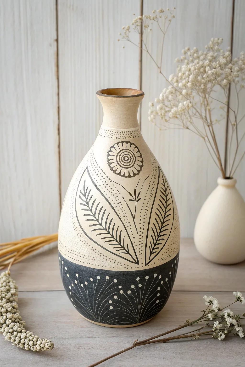 Elevate your space with this stunning sgraffito vase—where modern minimalism meets artisanal charm.